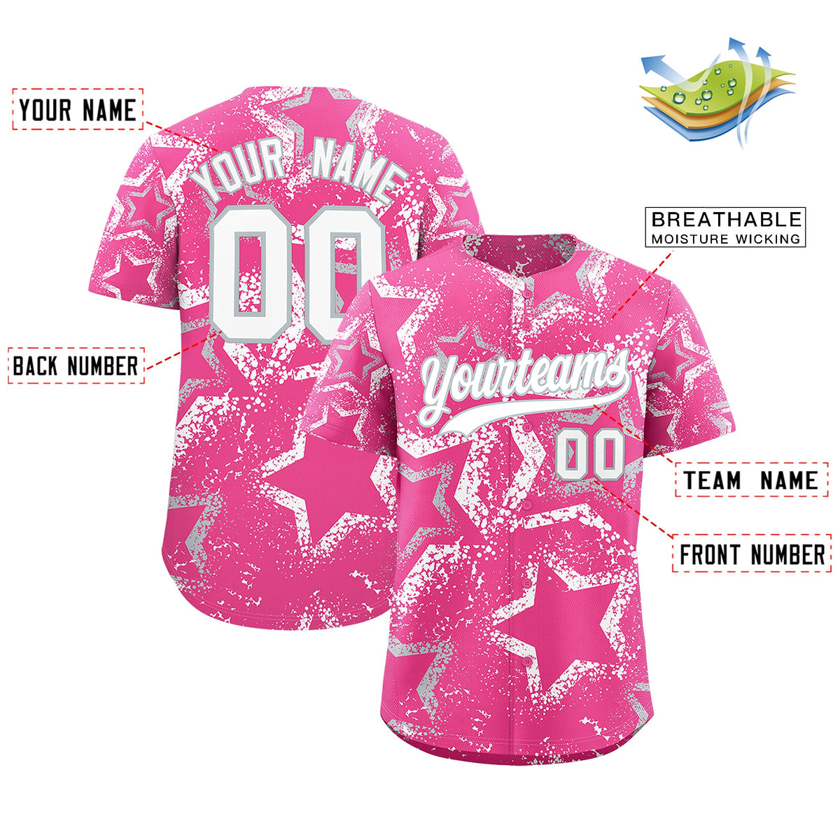 Custom Pink Silver White Star-Shaped Ink Texture Graffiti Pattern Baseball Jersey | Sublimation Printed & Stitched,Add Name and Numbern,Perfect for Parties,Perfect for Training | KXKSHOP