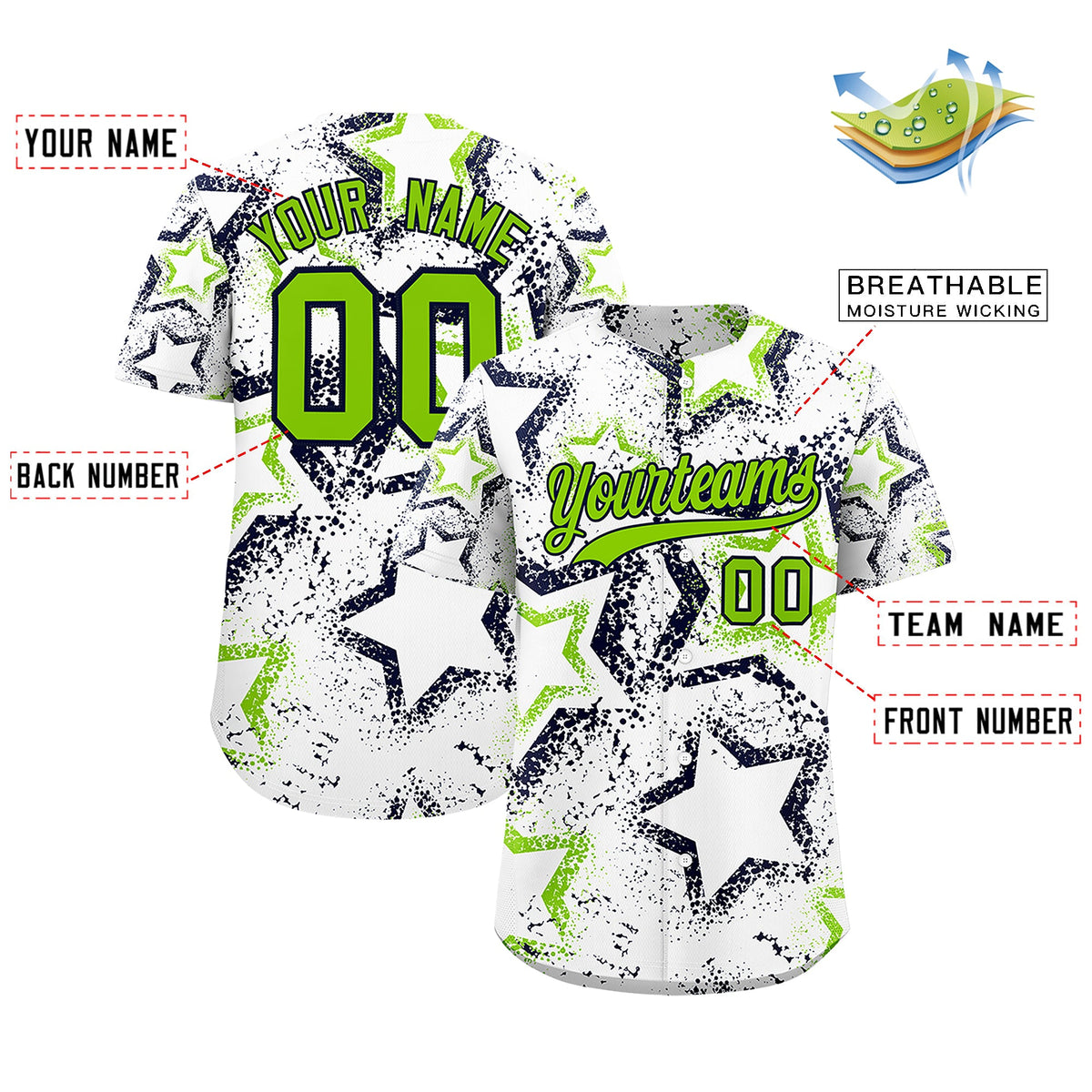 Custom White Neon Green Navy Star-Shaped Ink Texture Graffiti Pattern Baseball Jersey | Sublimation Printed & Stitched,Add Name and Numbern,Perfect for Parties,Perfect for Training | KXKSHOP