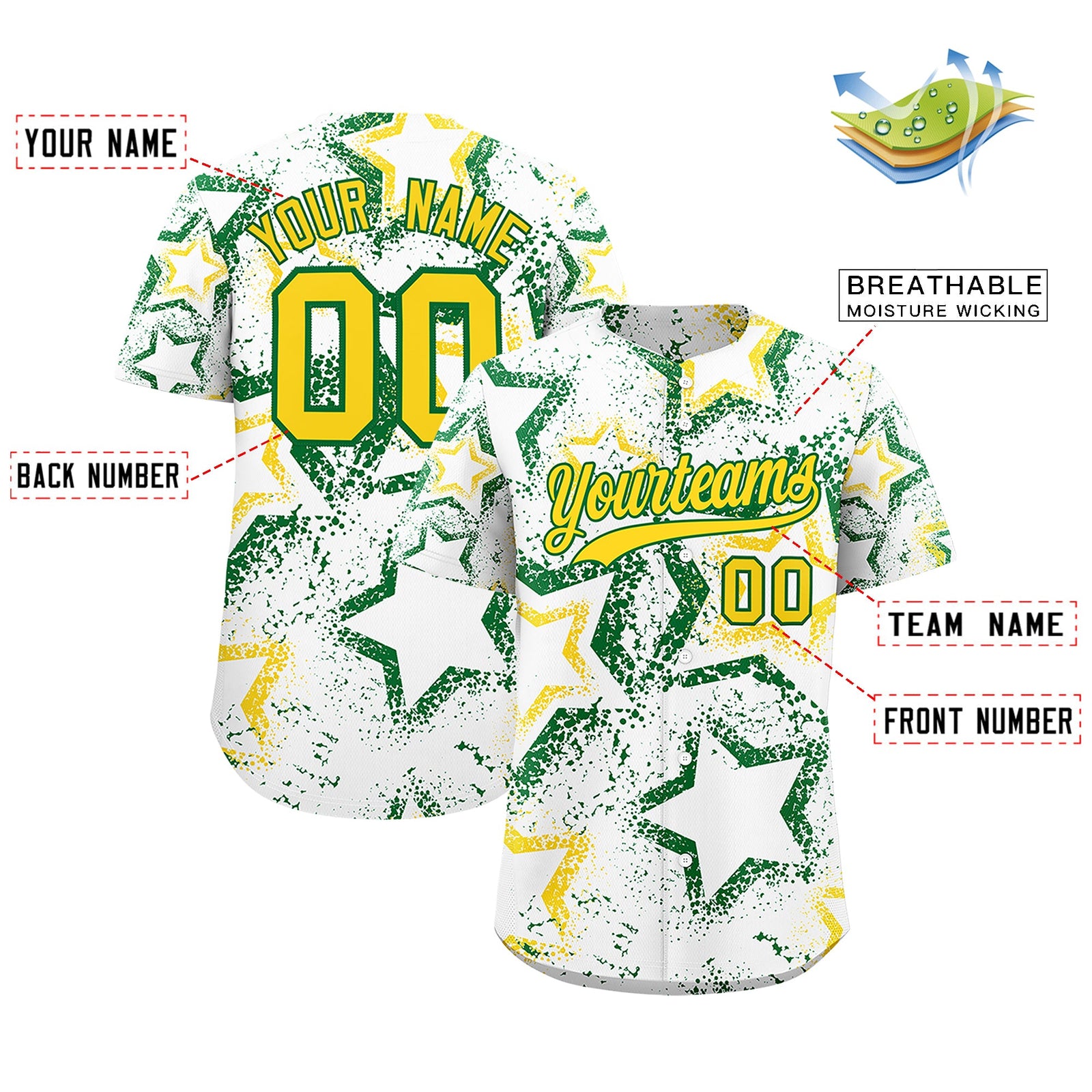 Custom White Kelly Green Gold Star-Shaped Ink Texture Graffiti Pattern Baseball Jersey | Sublimation Printed & Stitched,Add Name and Numbern,Perfect for Parties,Perfect for Training | KXKSHOP