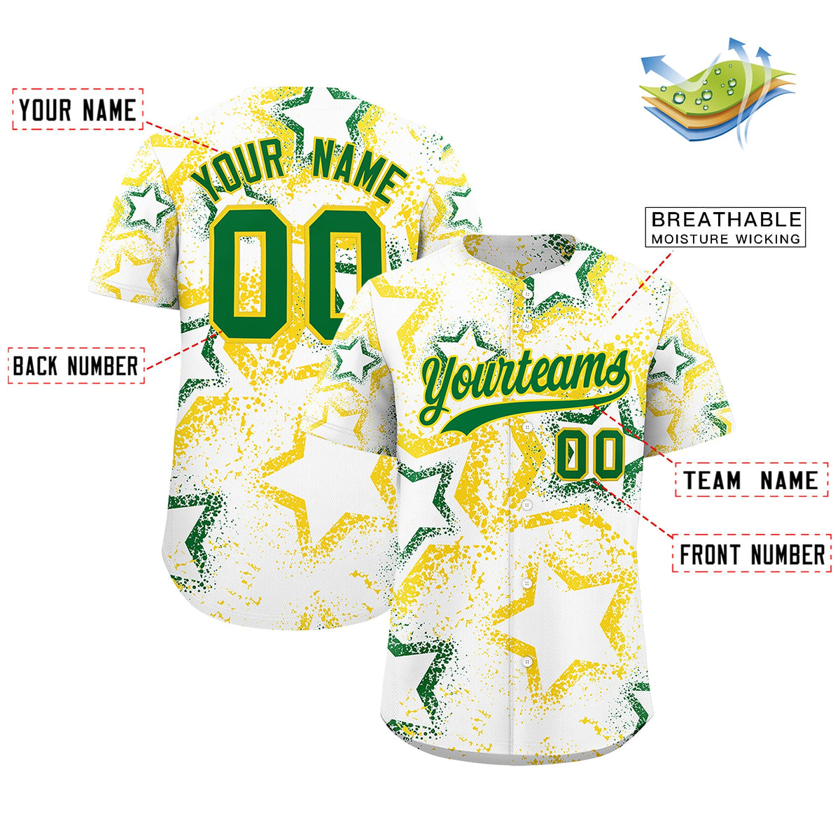 Custom White Gold Kelly Green Star-Shaped Ink Texture Graffiti Pattern Baseball Jersey | Sublimation Printed &amp; Stitched,Add Name and Numbern,Perfect for Parties,Perfect for Training | KXKSHOP