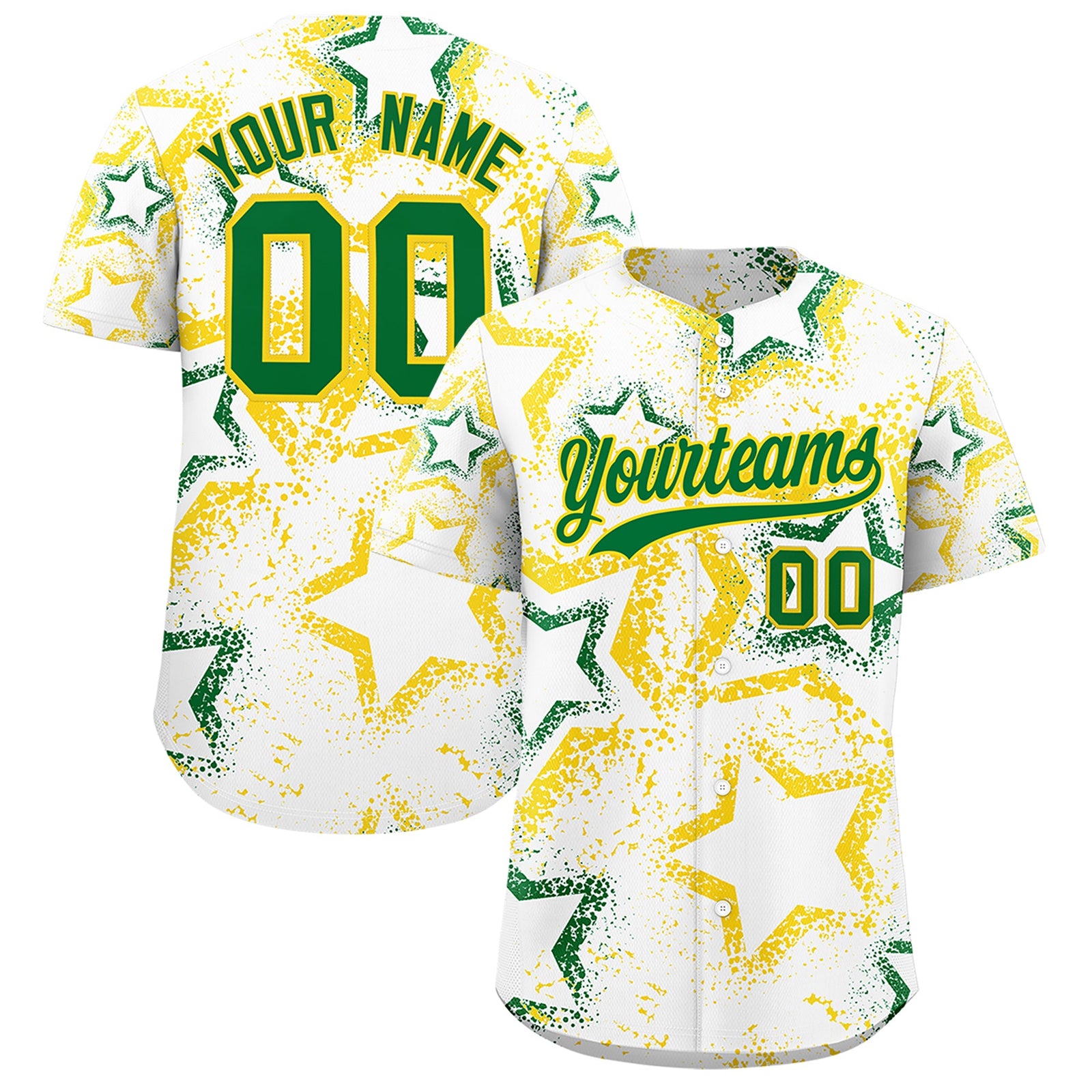 Custom White Gold Kelly Green Star-Shaped Ink Texture Graffiti Pattern Baseball Jersey | Sublimation Printed & Stitched,Add Name and Numbern,Perfect for Parties,Perfect for Training | KXKSHOP
