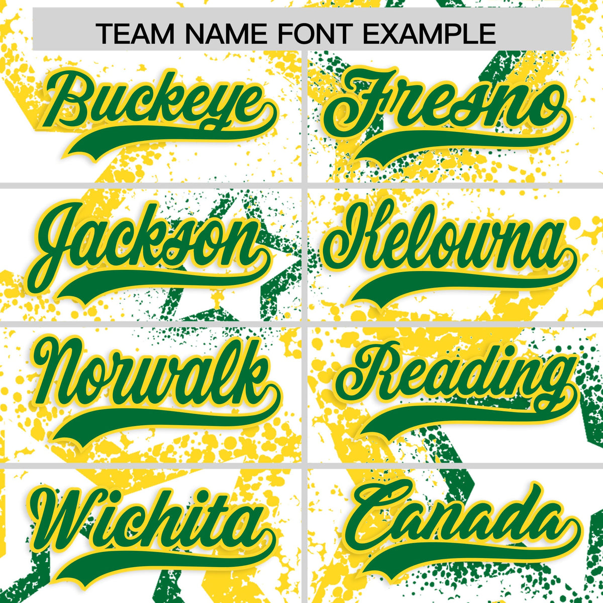 Custom White Gold Kelly Green Star-Shaped Ink Texture Graffiti Pattern Baseball Jersey | Sublimation Printed &amp; Stitched,Add Name and Numbern,Perfect for Parties,Perfect for Training | KXKSHOP