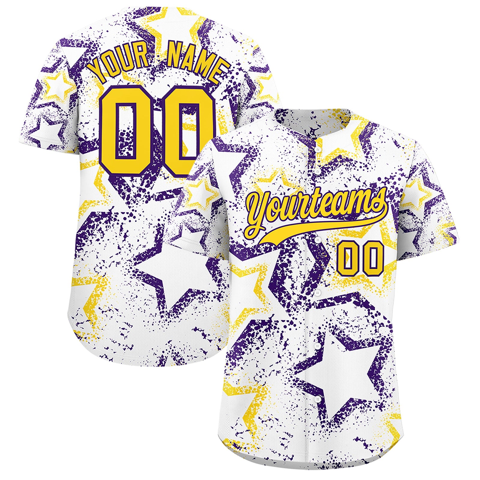 Custom White Gold Purple Star-Shaped Ink Texture Graffiti Pattern Baseball Jersey | Sublimation Printed & Stitched,Add Name and Numbern,Perfect for Parties,Perfect for Training | KXKSHOP