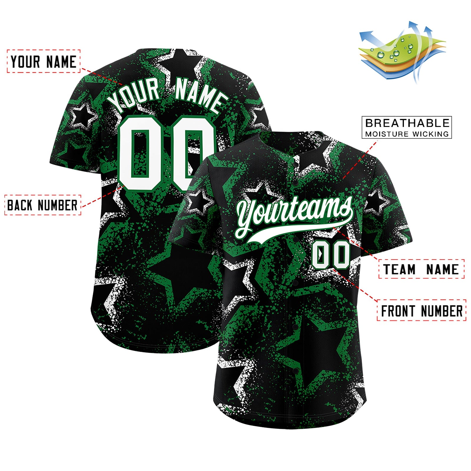 Custom Black White Kelly Green Star-Shaped Ink Texture Graffiti Pattern Baseball Jersey | Sublimation Printed & Stitched,Add Name and Numbern,Perfect for Parties,Perfect for Training | KXKSHOP