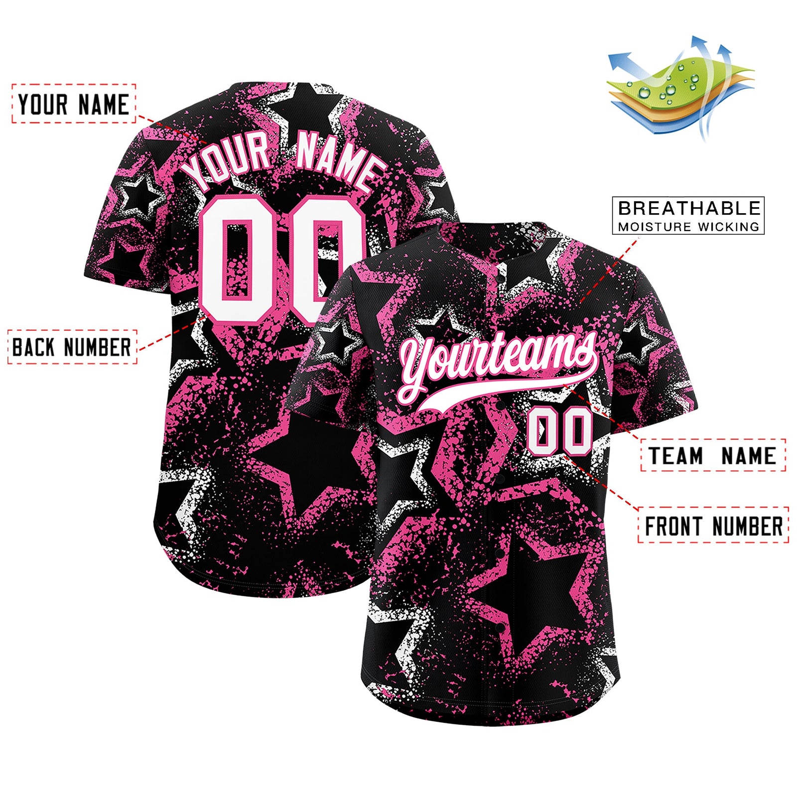Custom Black White Pink Star-Shaped Ink Texture Graffiti Pattern Baseball Jersey | Sublimation Printed & Stitched,Add Name and Numbern,Perfect for Parties,Perfect for Training | KXKSHOP