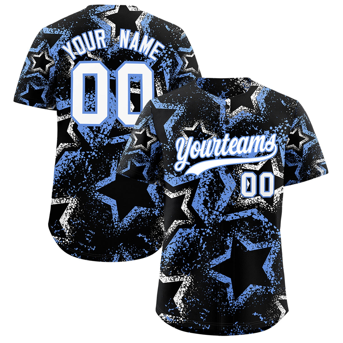 Custom Black White Light Blue Star-Shaped Ink Texture Graffiti Pattern Baseball Jersey | Sublimation Printed &amp; Stitched,Add Name and Numbern,Perfect for Parties,Perfect for Training | KXKSHOP
