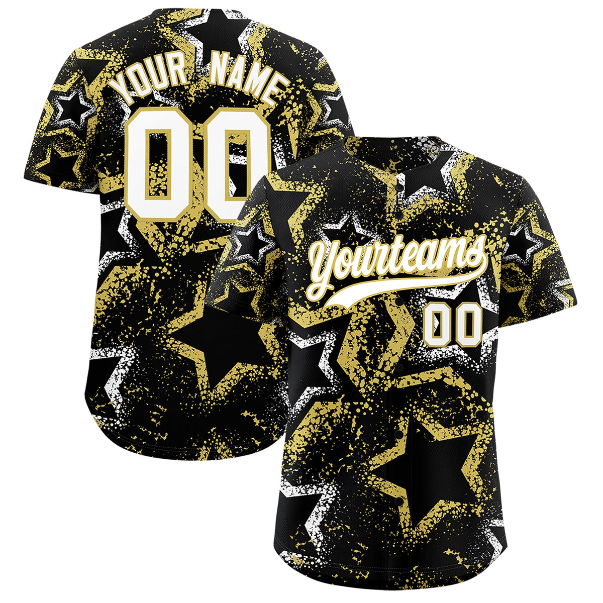 Custom Black White Old Gold Star-Shaped Ink Texture Graffiti Pattern Baseball Jersey | Sublimation Printed &amp; Stitched,Add Name and Numbern,Perfect for Parties,Perfect for Training | KXKSHOP