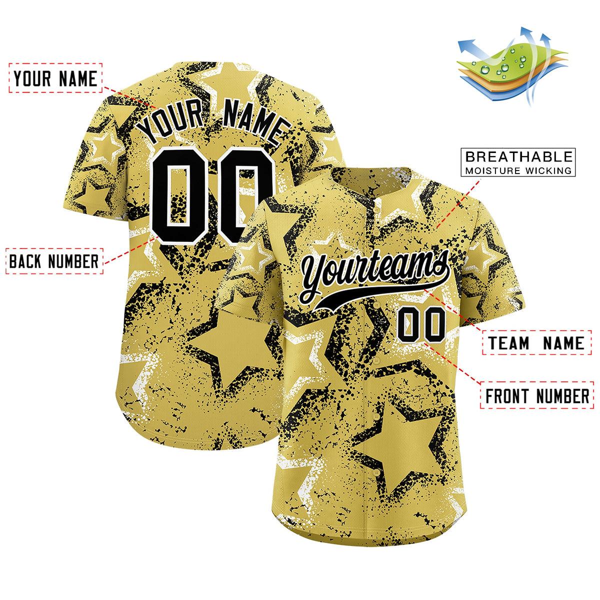 Custom Old Gold White Black Star-Shaped Ink Texture Graffiti Pattern Baseball Jersey | Sublimation Printed &amp; Stitched,Add Name and Numbern,Perfect for Parties,Perfect for Training | KXKSHOP