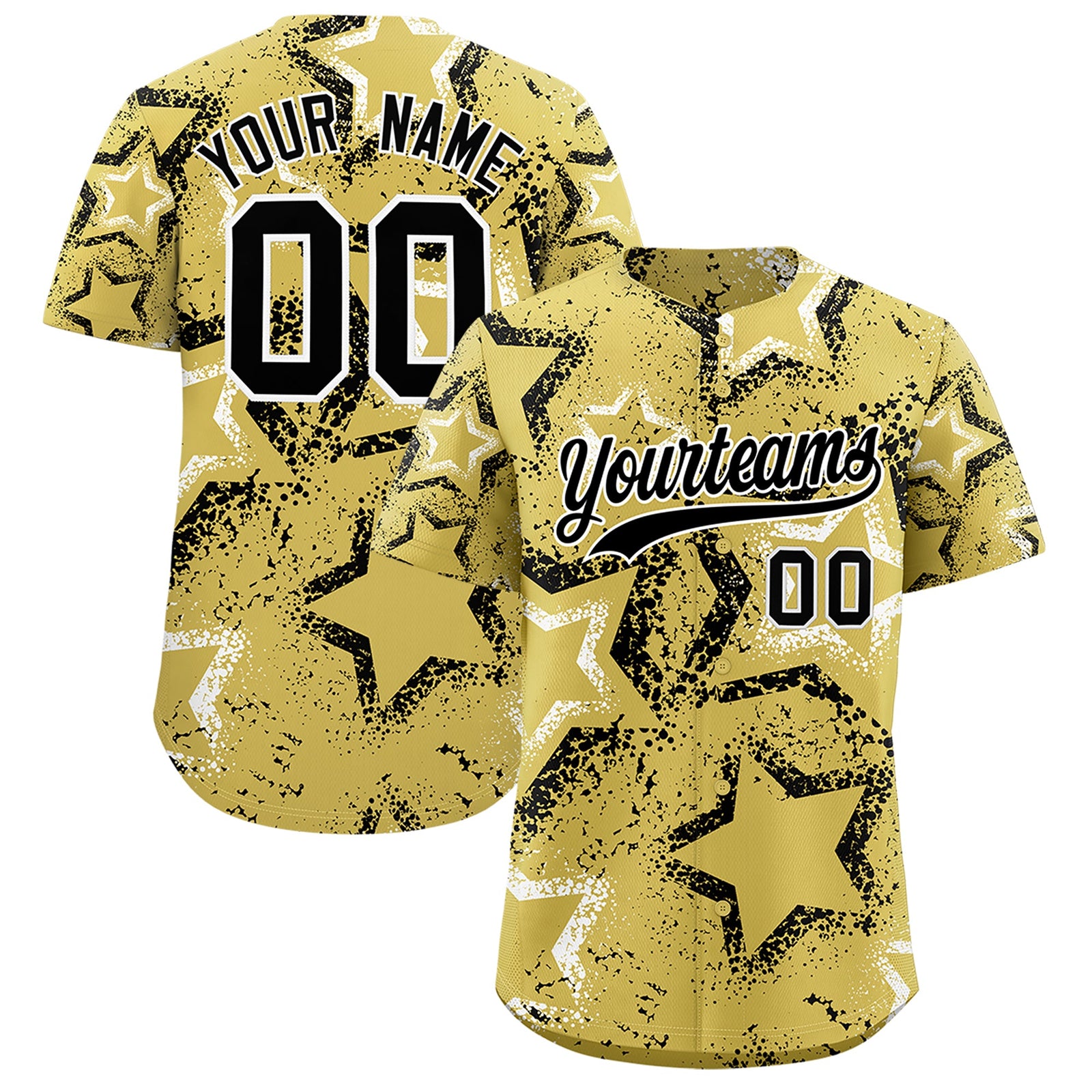 Custom Old Gold White Black Star-Shaped Ink Texture Graffiti Pattern Baseball Jersey | Sublimation Printed & Stitched,Add Name and Numbern,Perfect for Parties,Perfect for Training | KXKSHOP