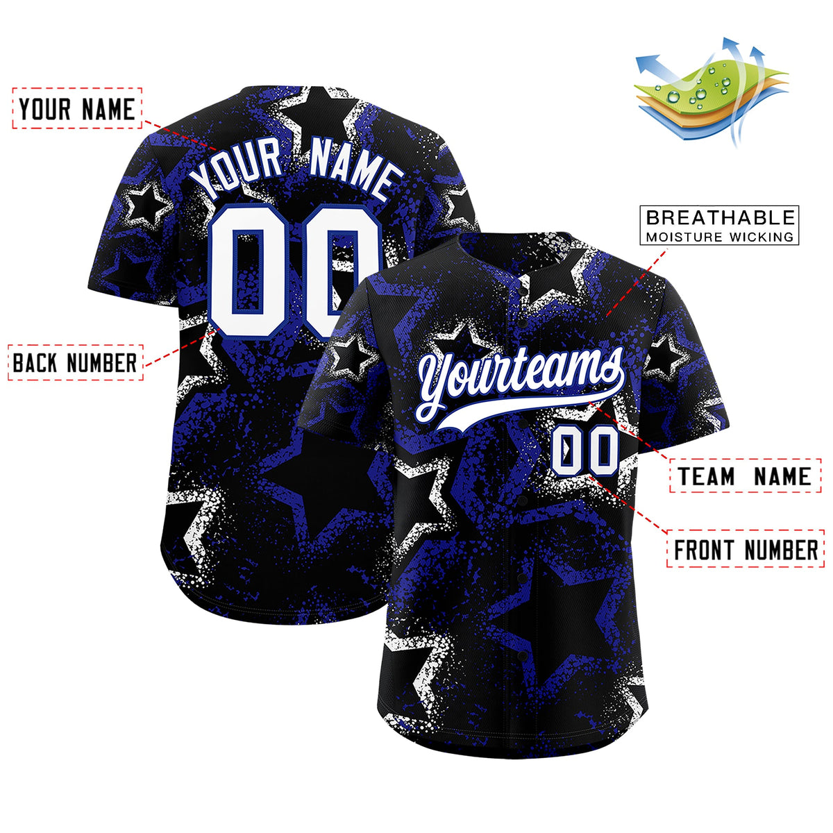 Custom Black White Royal Blue Star-Shaped Ink Texture Graffiti Pattern Baseball Jersey | Sublimation Printed &amp; Stitched,Add Name and Numbern,Perfect for Parties,Perfect for Training | KXKSHOP