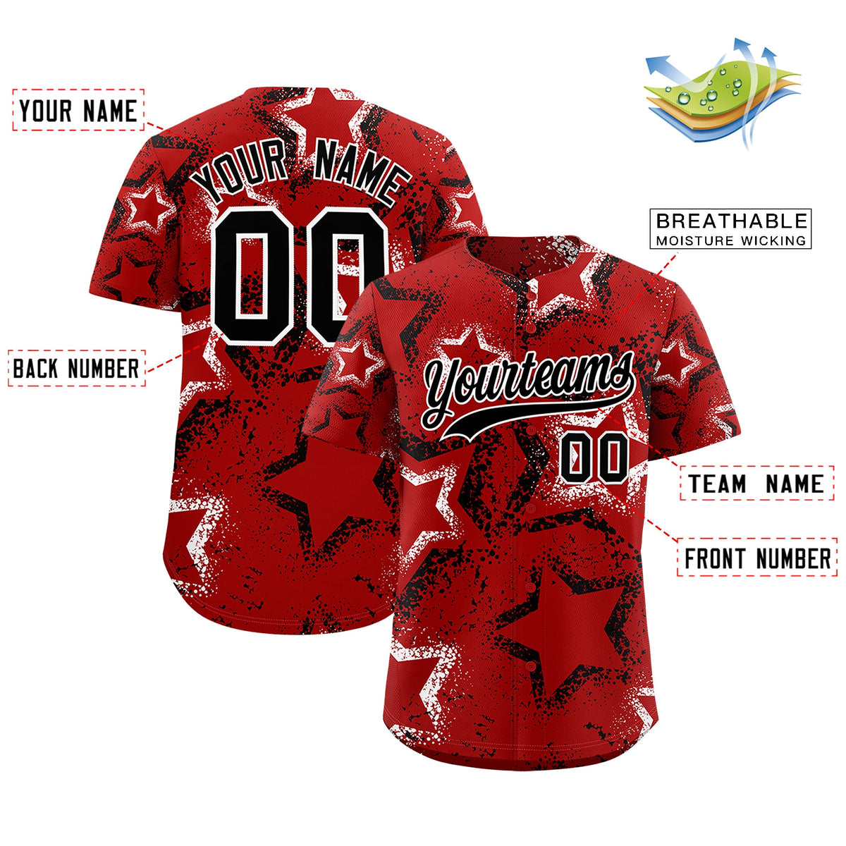 Custom Red White Black Star-Shaped Ink Texture Graffiti Pattern Baseball Jersey | Sublimation Printed &amp; Stitched,Add Name and Numbern,Perfect for Parties,Perfect for Training | KXKSHOP