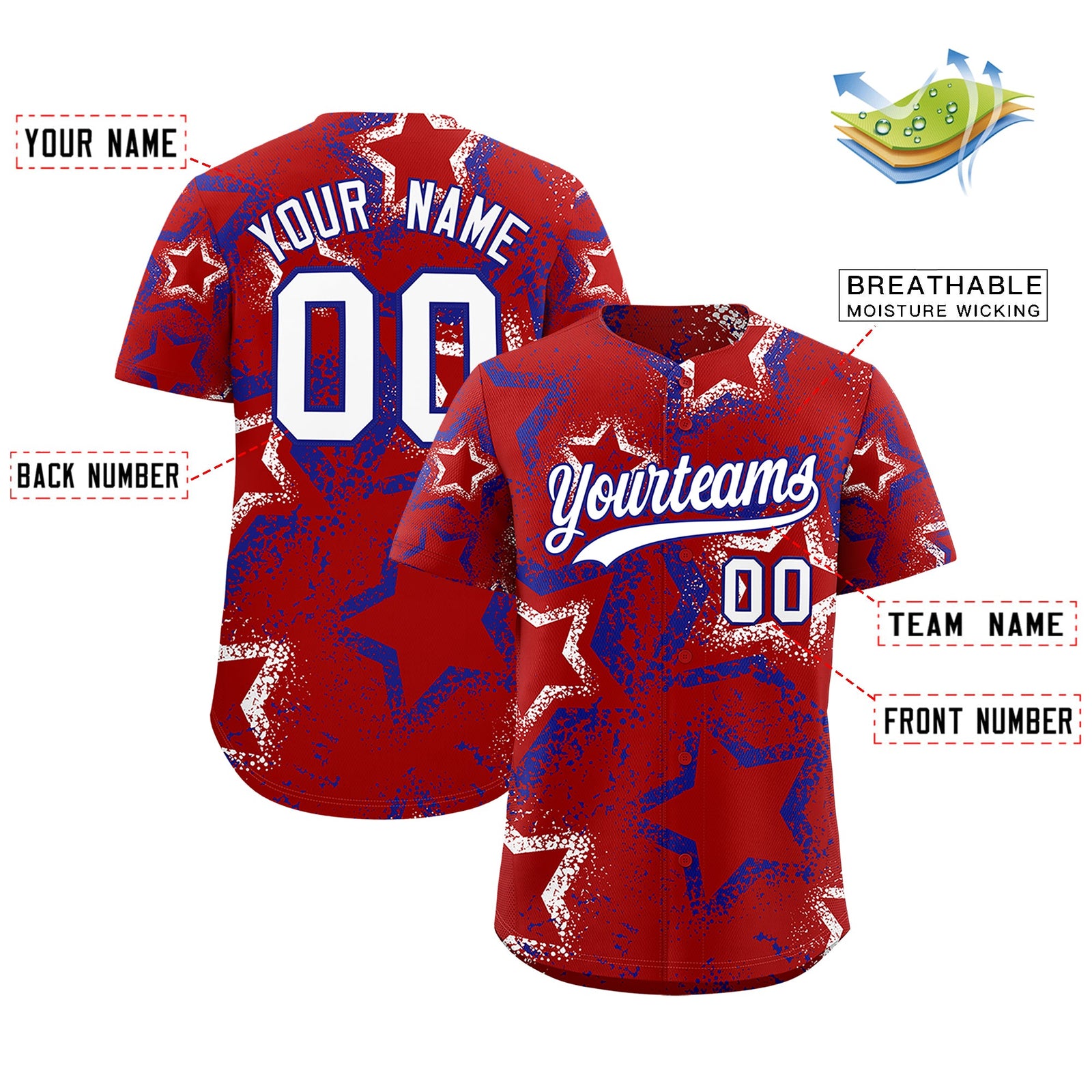 Custom Red White Royal Blue Star-Shaped Ink Texture Graffiti Pattern Baseball Jersey | Sublimation Printed & Stitched,Add Name and Numbern,Perfect for Parties,Perfect for Training | KXKSHOP