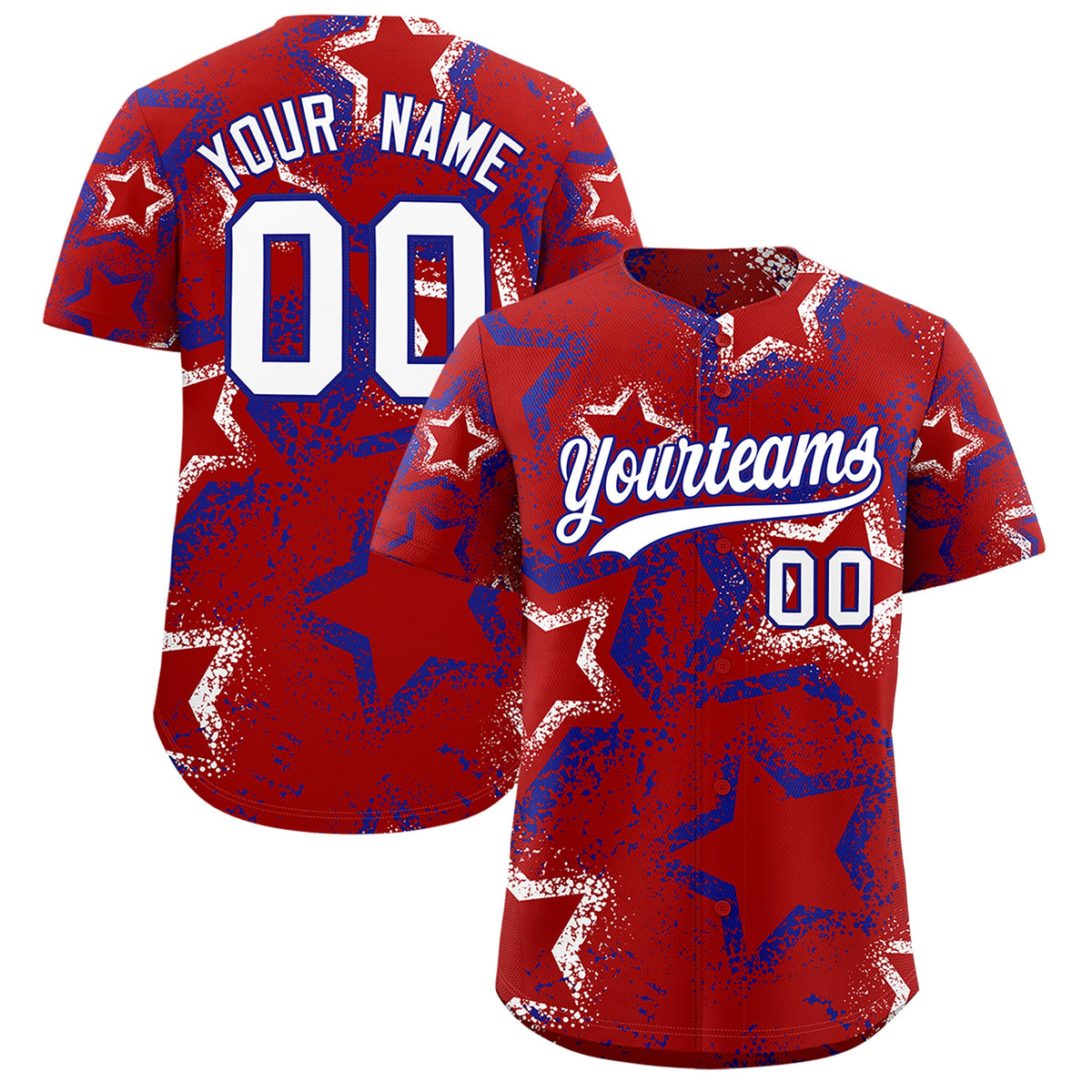 Custom Red White Royal Blue Star-Shaped Ink Texture Graffiti Pattern Baseball Jersey | Sublimation Printed &amp; Stitched,Add Name and Numbern,Perfect for Parties,Perfect for Training | KXKSHOP