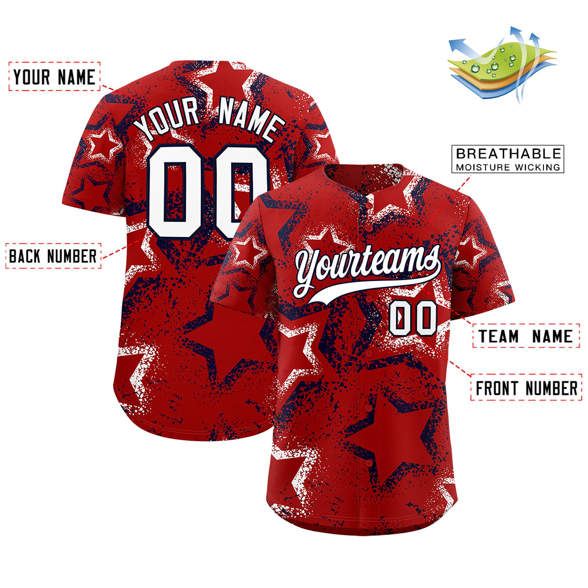 Custom Red White Navy Star-Shaped Ink Texture Graffiti Pattern Baseball Jersey | Sublimation Printed &amp; Stitched,Add Name and Numbern,Perfect for Parties,Perfect for Training | KXKSHOP
