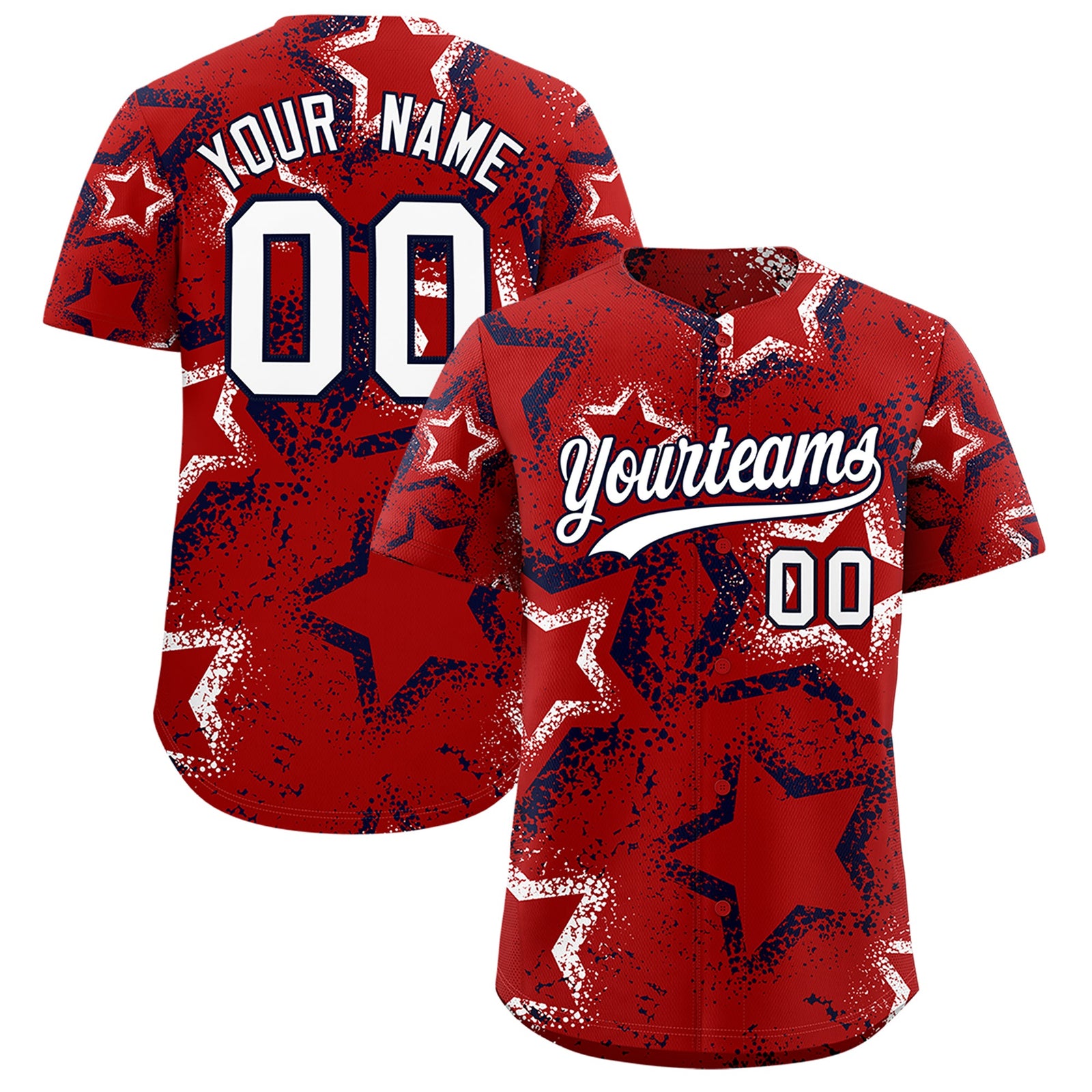 Custom Red White Navy Star-Shaped Ink Texture Graffiti Pattern Baseball Jersey | Sublimation Printed & Stitched,Add Name and Numbern,Perfect for Parties,Perfect for Training | KXKSHOP