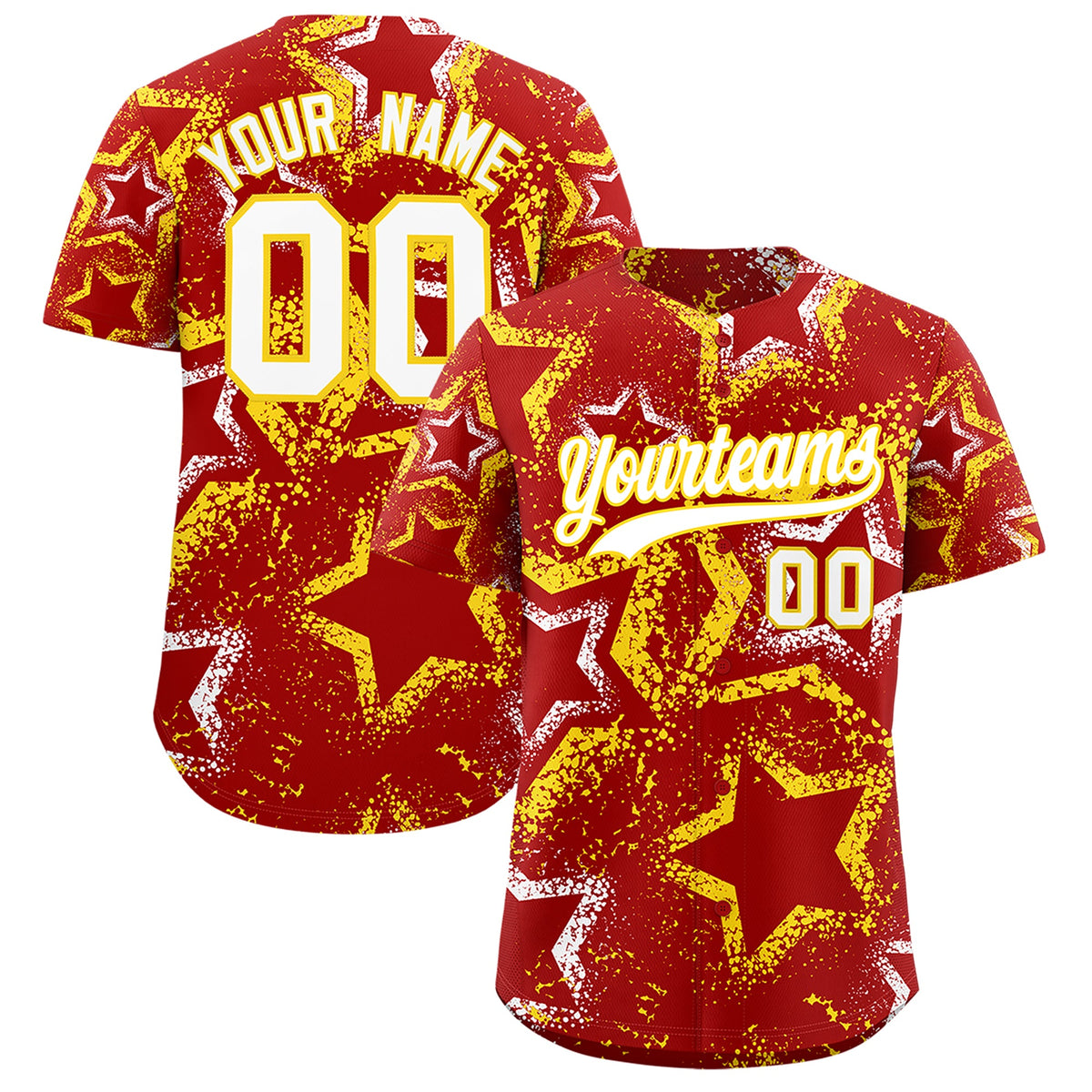 Custom Red White Gold Star-Shaped Ink Texture Graffiti Pattern Baseball Jersey | Sublimation Printed &amp; Stitched,Add Name and Numbern,Perfect for Parties,Perfect for Training | KXKSHOP