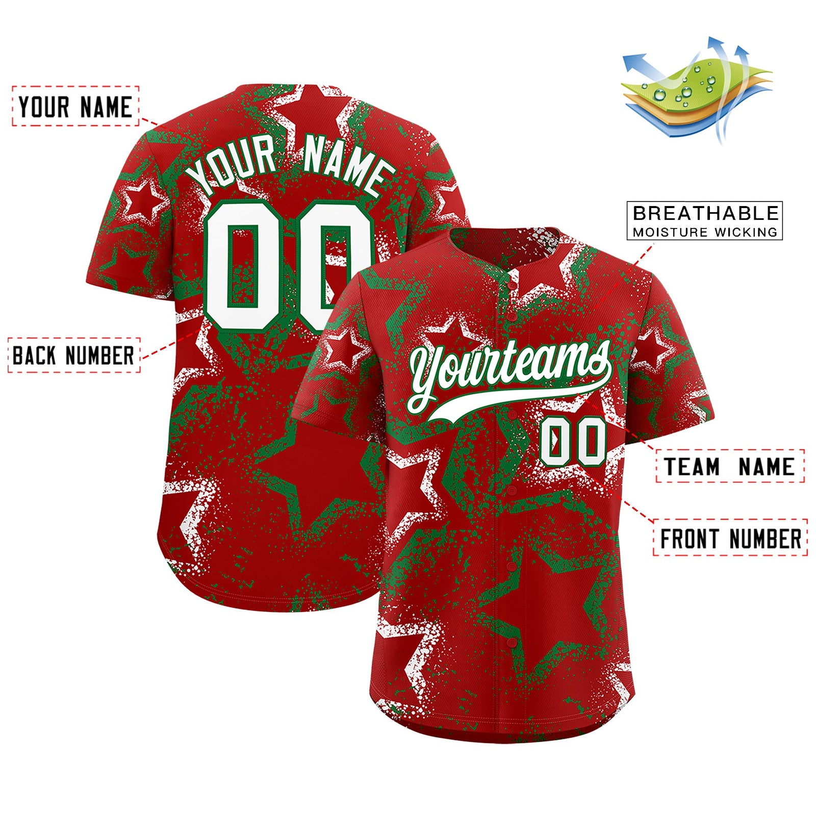 Custom Red White Kelly Green Star-Shaped Ink Texture Graffiti Pattern Baseball Jersey | Sublimation Printed & Stitched,Add Name and Numbern,Perfect for Parties,Perfect for Training | KXKSHOP