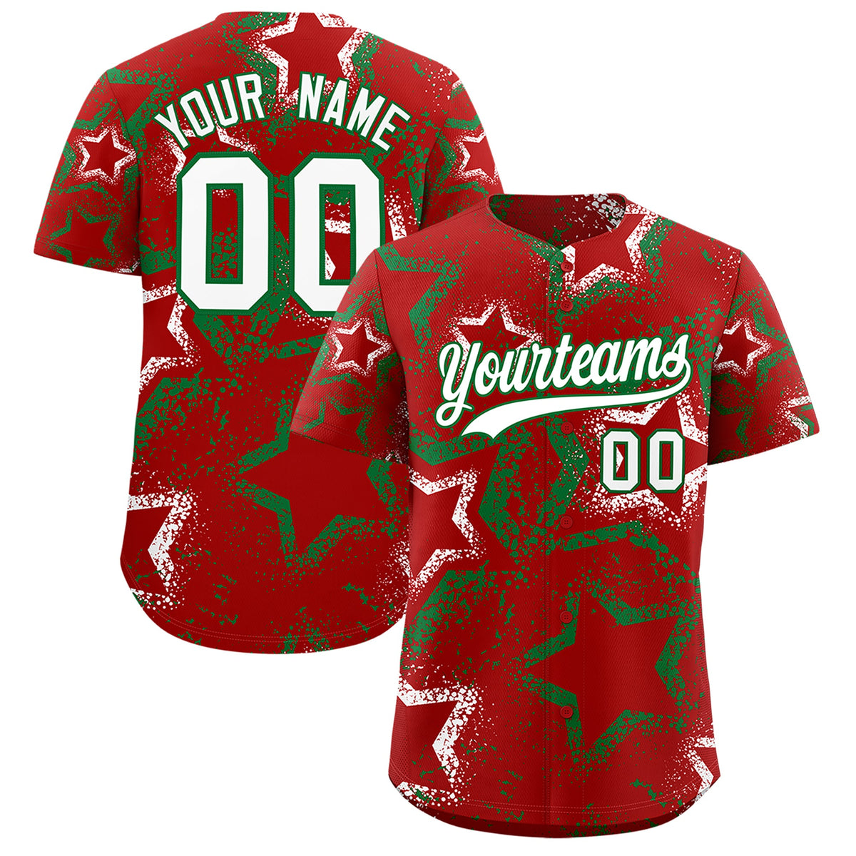 Custom Red White Kelly Green Star-Shaped Ink Texture Graffiti Pattern Baseball Jersey | Sublimation Printed & Stitched,Add Name and Numbern,Perfect for Parties,Perfect for Training | KXKSHOP