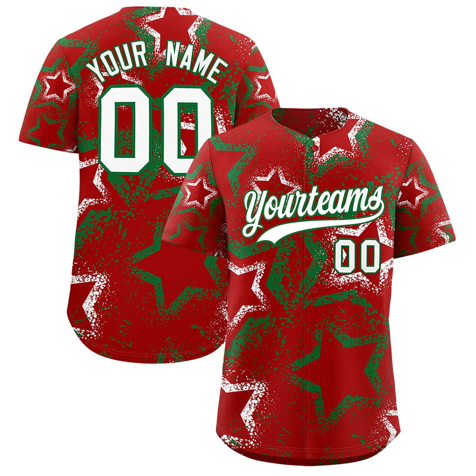 Custom Red White Kelly Green Star-Shaped Ink Texture Graffiti Pattern Baseball Jersey | Sublimation Printed & Stitched,Add Name and Numbern,Perfect for Parties,Perfect for Training | KXKSHOP