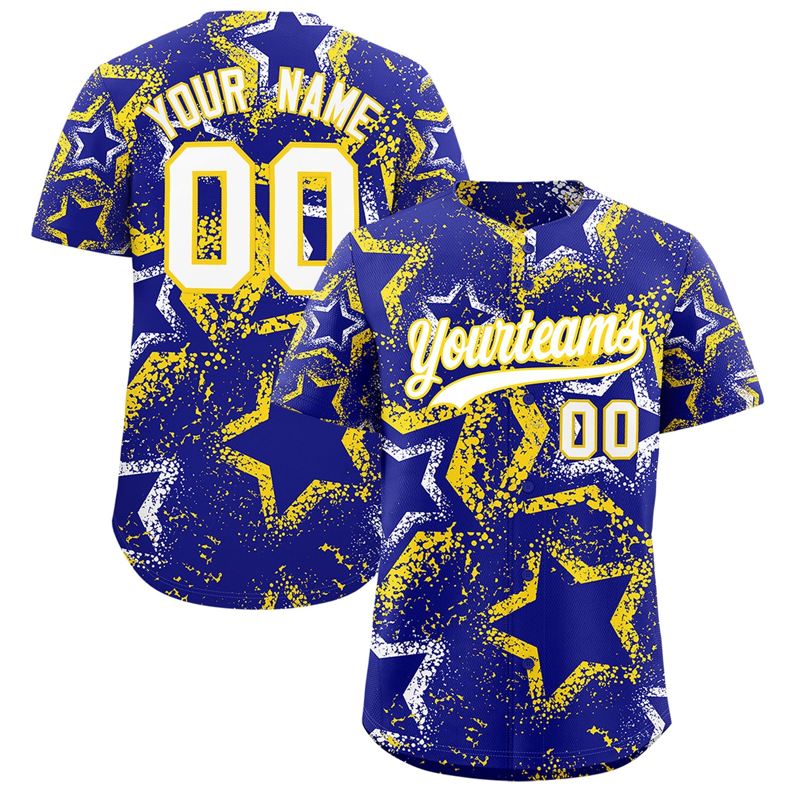 Custom Royal Blue White Gold Star-Shaped Ink Texture Graffiti Pattern Baseball Jersey | Sublimation Printed & Stitched,Add Name and Numbern,Perfect for Parties,Perfect for Training | KXKSHOP