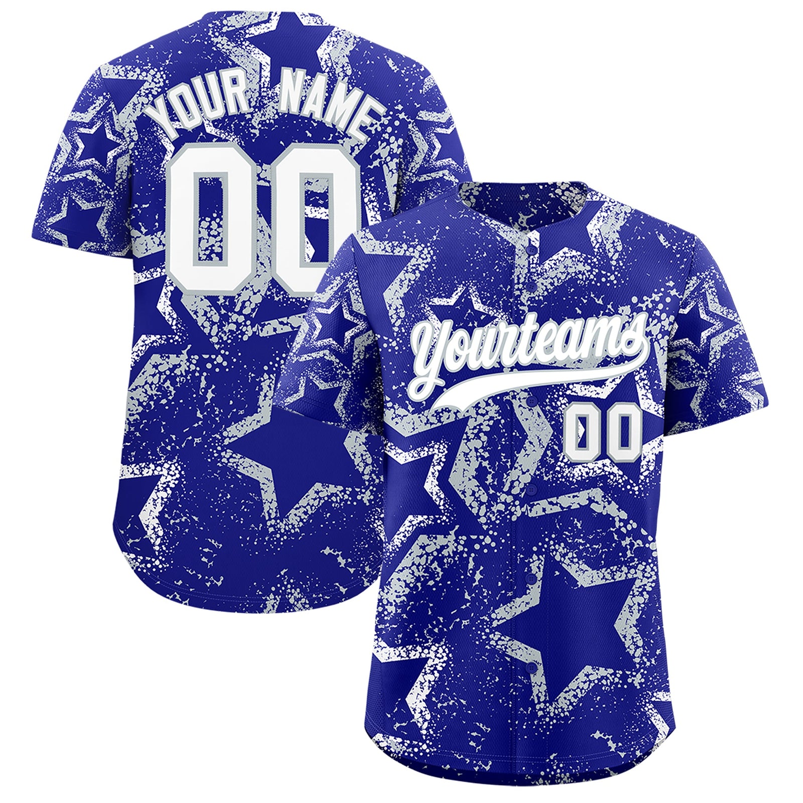 Custom Royal Blue White Silver Star-Shaped Ink Texture Graffiti Pattern Baseball Jersey | Sublimation Printed & Stitched,Add Name and Numbern,Perfect for Parties,Perfect for Training | KXKSHOP