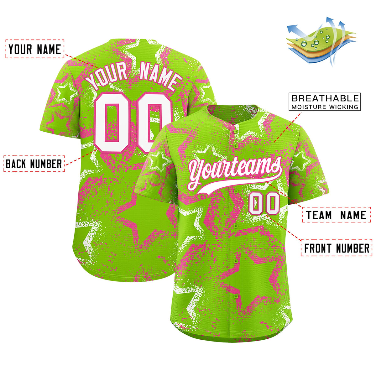 Custom Neon Green Pink White Star-Shaped Ink Texture Graffiti Pattern Baseball Jersey | Sublimation Printed &amp; Stitched,Add Name and Numbern,Perfect for Parties,Perfect for Training | KXKSHOP