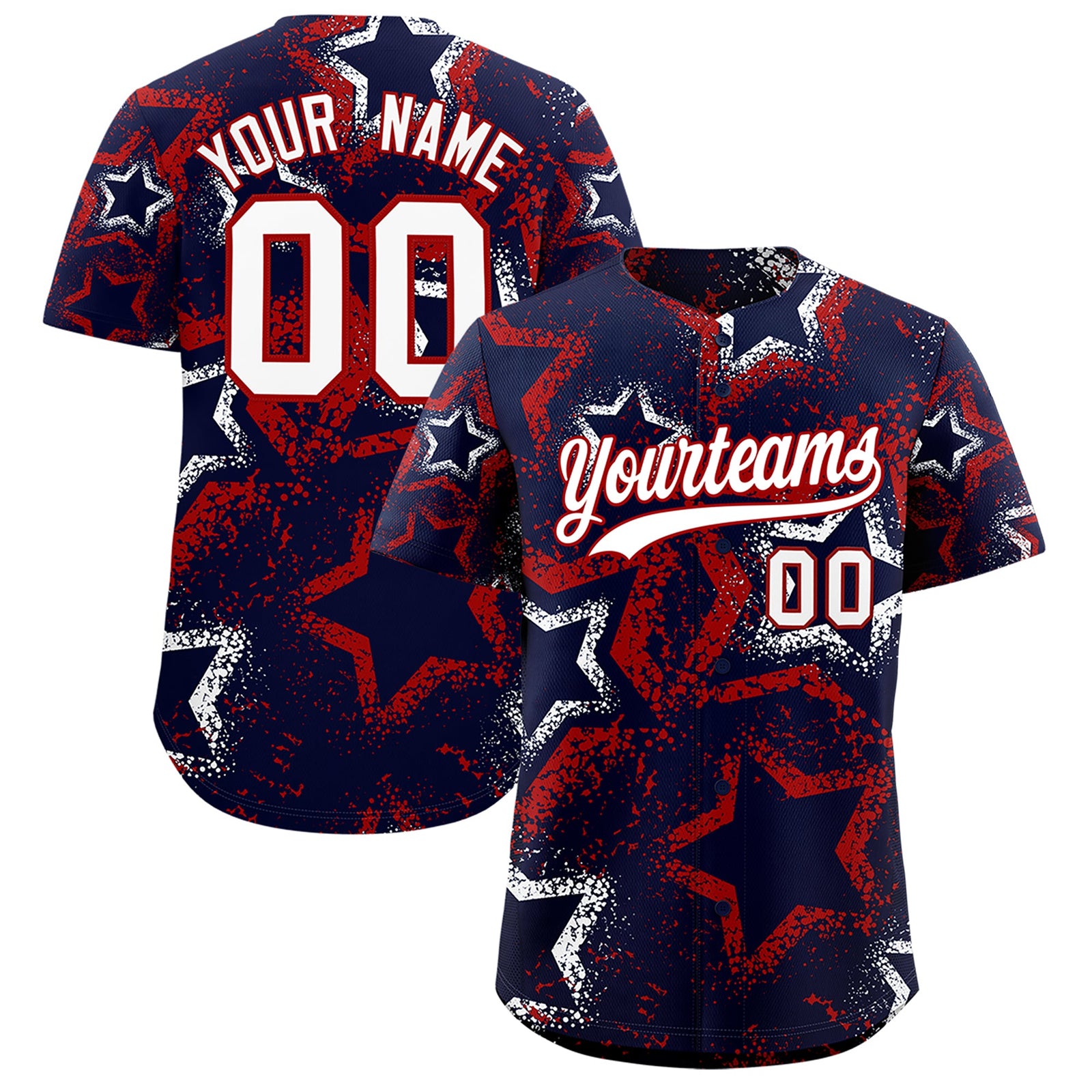 Custom Navy White Red Star-Shaped Ink Texture Graffiti Pattern Baseball Jersey | Sublimation Printed & Stitched,Add Name and Numbern,Perfect for Parties,Perfect for Training | KXKSHOP