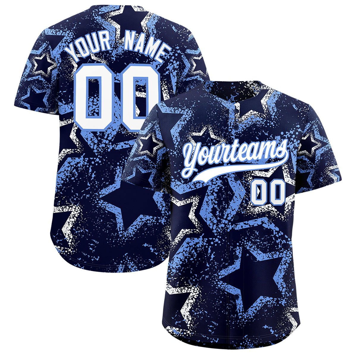 Custom Navy White Light Blue Star-Shaped Ink Texture Graffiti Pattern Baseball Jersey | Sublimation Printed &amp; Stitched,Add Name and Numbern,Perfect for Parties,Perfect for Training | KXKSHOP