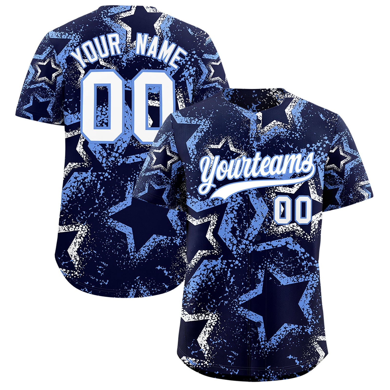 Custom Navy White Light Blue Star-Shaped Ink Texture Graffiti Pattern Baseball Jersey | Sublimation Printed & Stitched,Add Name and Numbern,Perfect for Parties,Perfect for Training | KXKSHOP