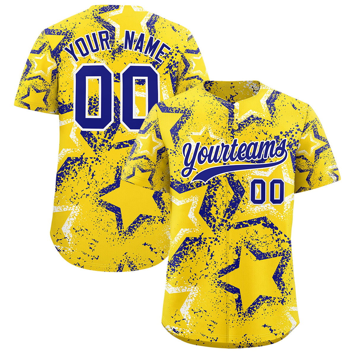 Custom Gold White Royal Blue Star-Shaped Ink Texture Graffiti Pattern Baseball Jersey | Sublimation Printed &amp; Stitched,Add Name and Numbern,Perfect for Parties,Perfect for Training | KXKSHOP