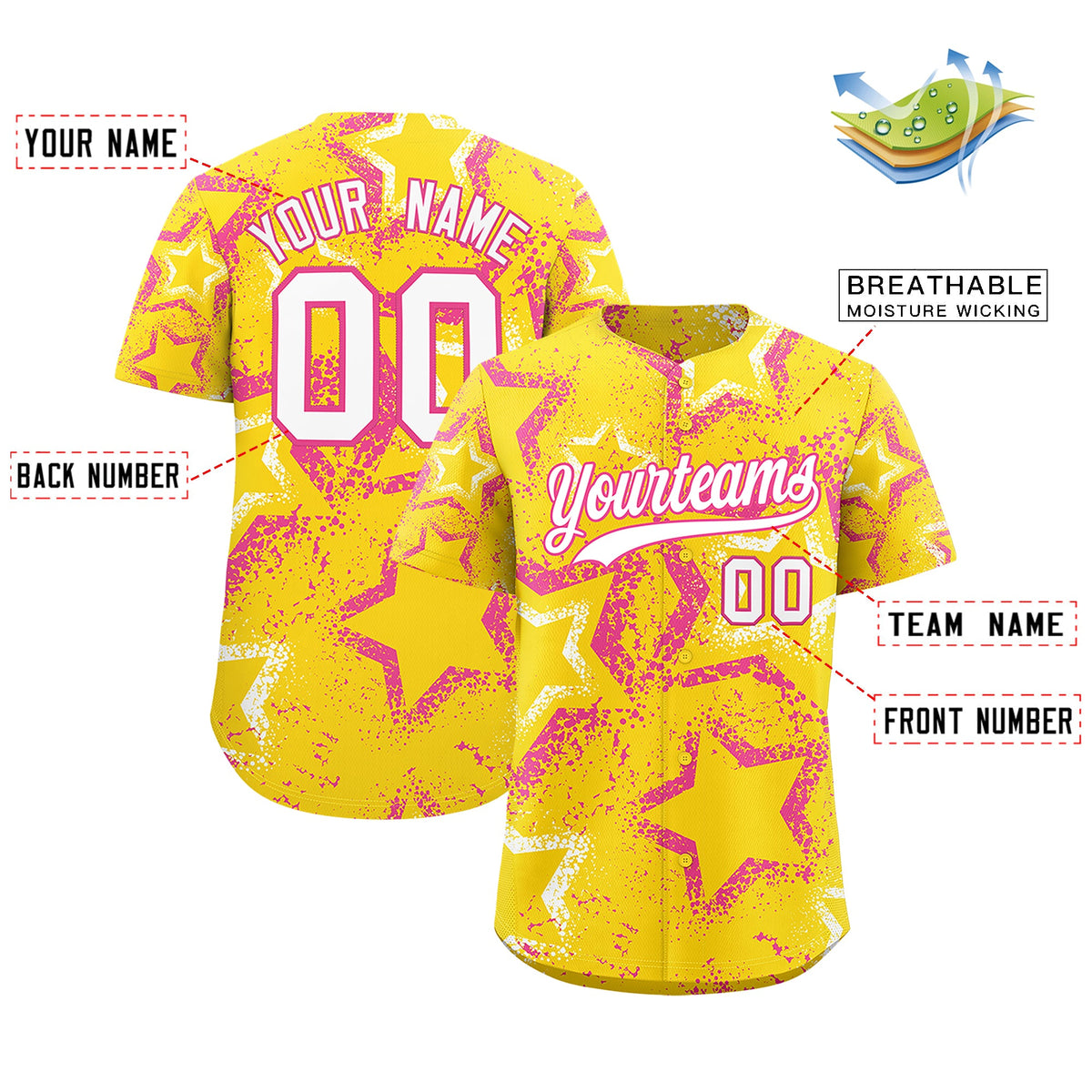 Custom Gold White Pink Star-Shaped Ink Texture Graffiti Pattern Baseball Jersey | Sublimation Printed &amp; Stitched,Add Name and Numbern,Perfect for Parties,Perfect for Training | KXKSHOP
