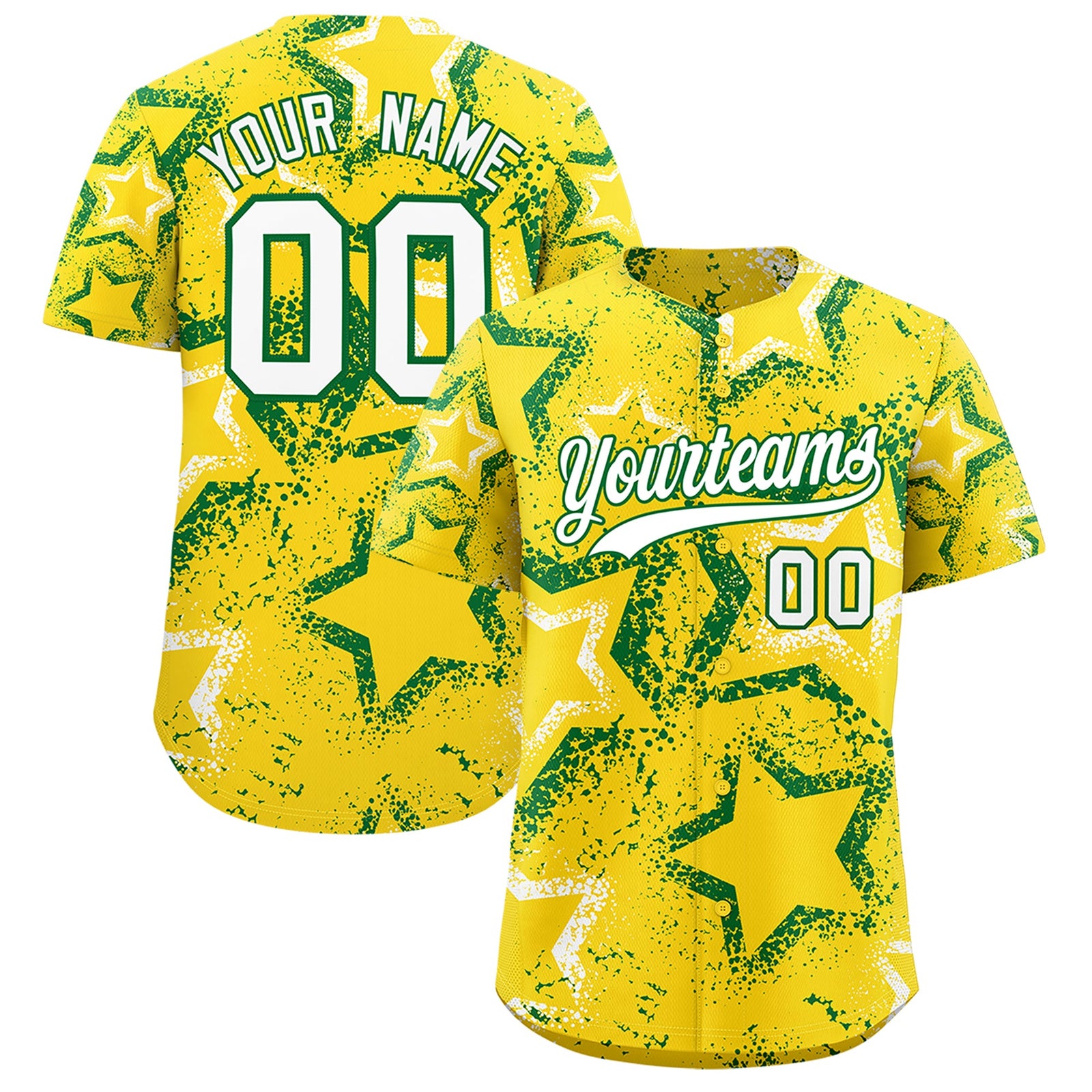 Custom Gold White Kelly Green Star-Shaped Ink Texture Graffiti Pattern Baseball Jersey | Sublimation Printed & Stitched,Add Name and Numbern,Perfect for Parties,Perfect for Training | KXKSHOP