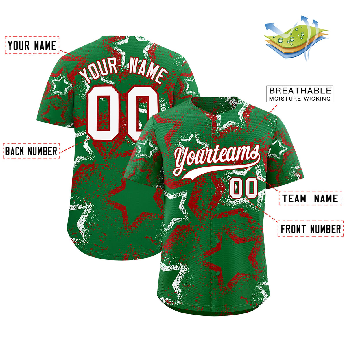 Custom Kelly Green White Red Star-Shaped Ink Texture Graffiti Pattern Baseball Jersey | Sublimation Printed & Stitched,Add Name and Numbern,Perfect for Parties,Perfect for Training | KXKSHOP