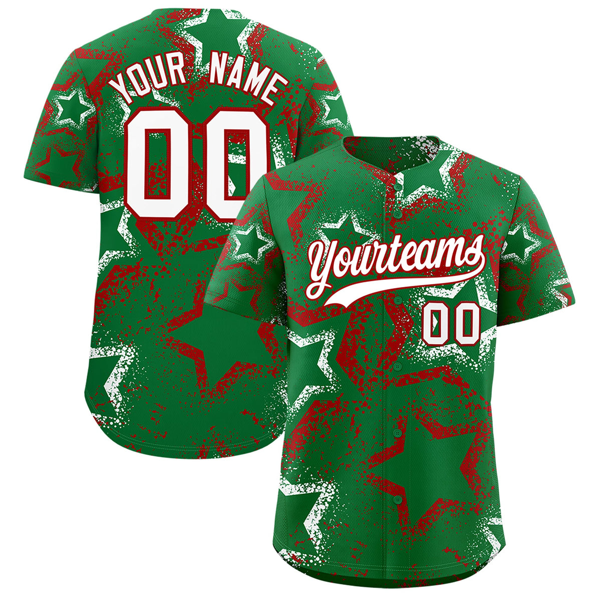 Custom Kelly Green White Red Star-Shaped Ink Texture Graffiti Pattern Baseball Jersey | Sublimation Printed & Stitched,Add Name and Numbern,Perfect for Parties,Perfect for Training | KXKSHOP