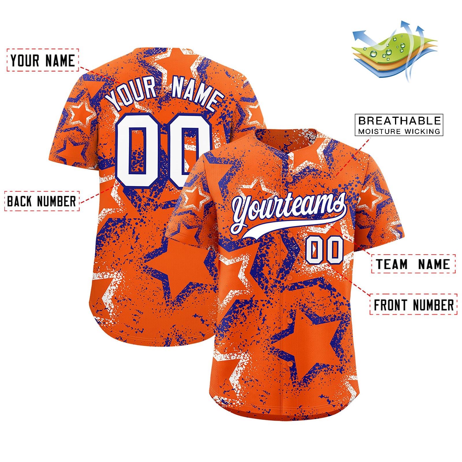Custom Orange White Royal Blue Star-Shaped Ink Texture Graffiti Pattern Baseball Jersey | Sublimation Printed & Stitched,Add Name and Numbern,Perfect for Parties,Perfect for Training | KXKSHOP