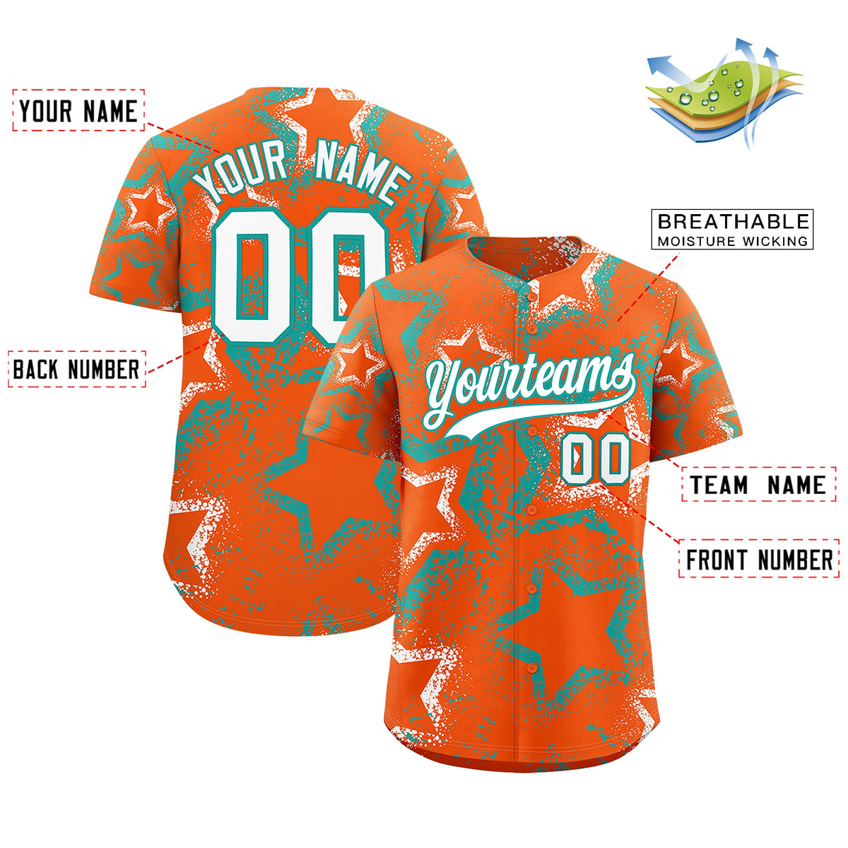 Custom Orange White Aqua Star-Shaped Ink Texture Graffiti Pattern Baseball Jersey | Sublimation Printed &amp; Stitched,Add Name and Numbern,Perfect for Parties,Perfect for Training | KXKSHOP