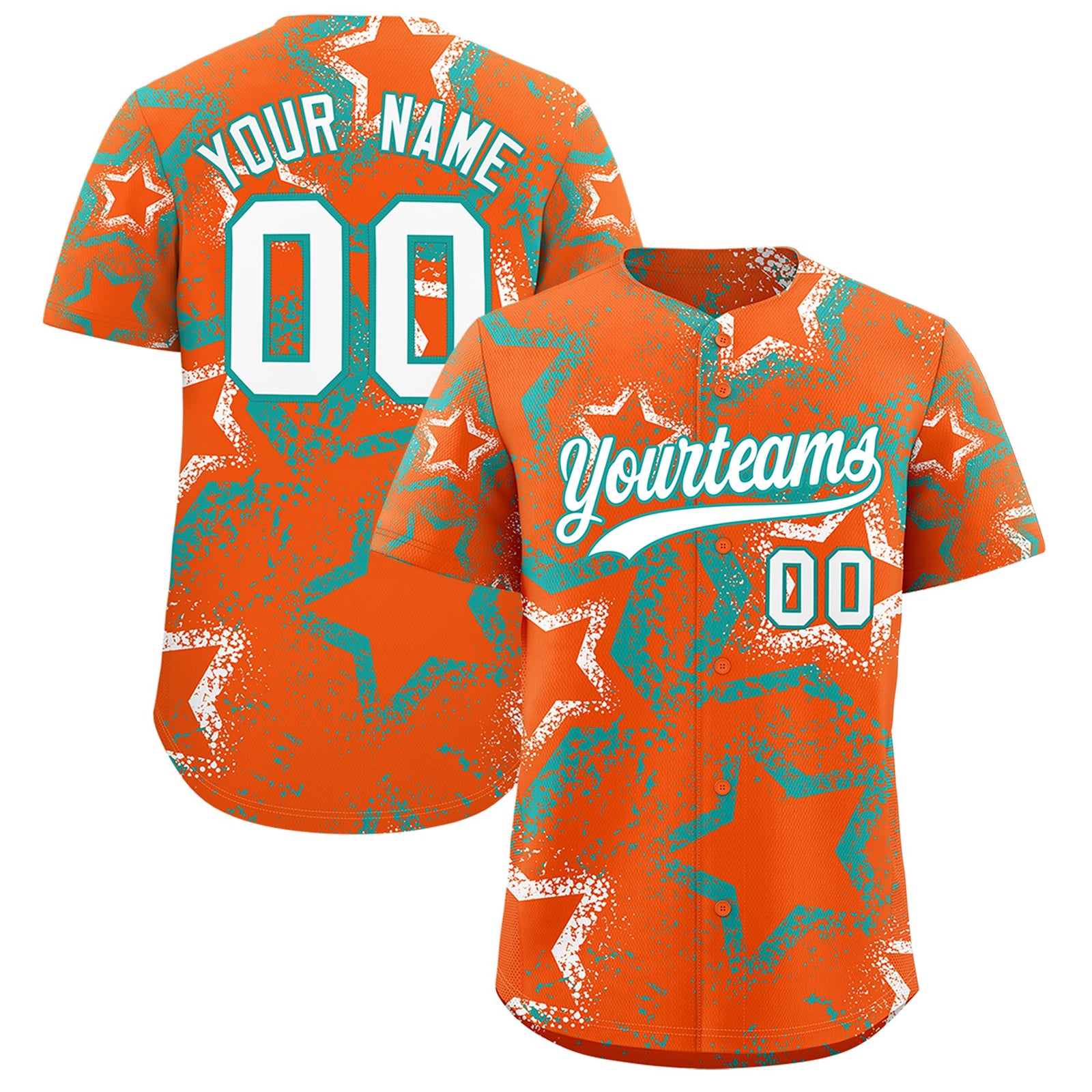 Custom Orange White Aqua Star-Shaped Ink Texture Graffiti Pattern Baseball Jersey | Sublimation Printed & Stitched,Add Name and Numbern,Perfect for Parties,Perfect for Training | KXKSHOP