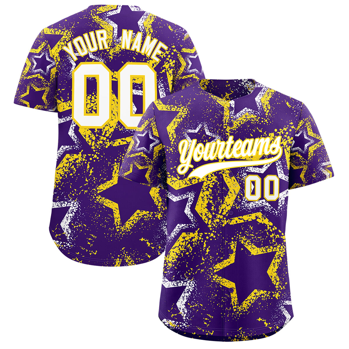 Custom Purple White Gold Star-Shaped Ink Texture Graffiti Pattern Baseball Jersey | Sublimation Printed &amp; Stitched,Add Name and Numbern,Perfect for Parties,Perfect for Training | KXKSHOP