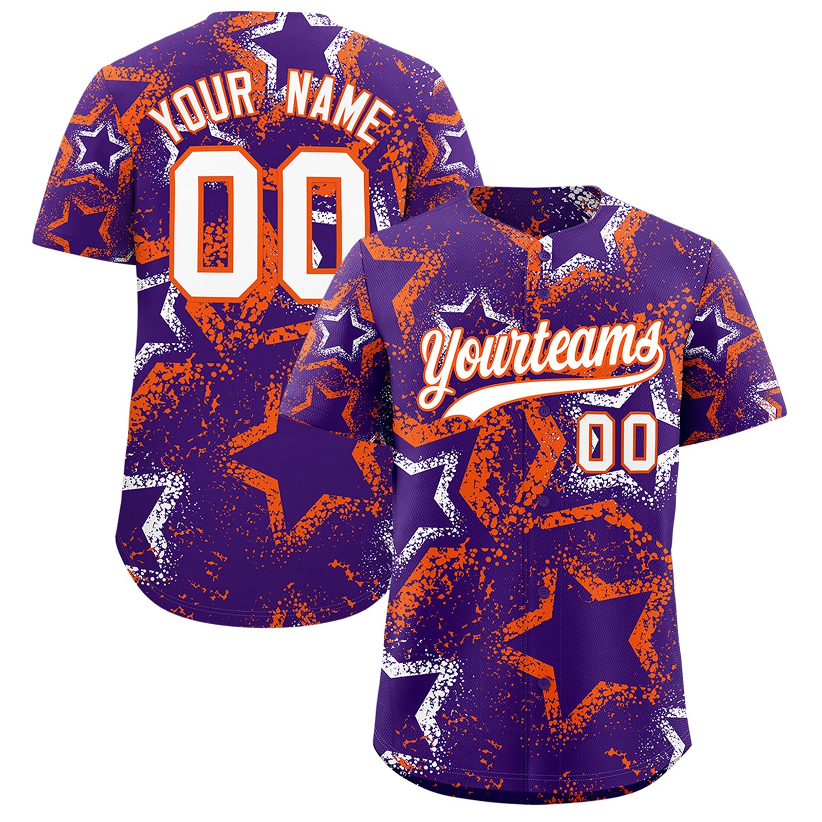 Custom Purple White Orange Star-Shaped Ink Texture Graffiti Pattern Baseball Jersey | Sublimation Printed & Stitched,Add Name and Numbern,Perfect for Parties,Perfect for Training | KXKSHOP