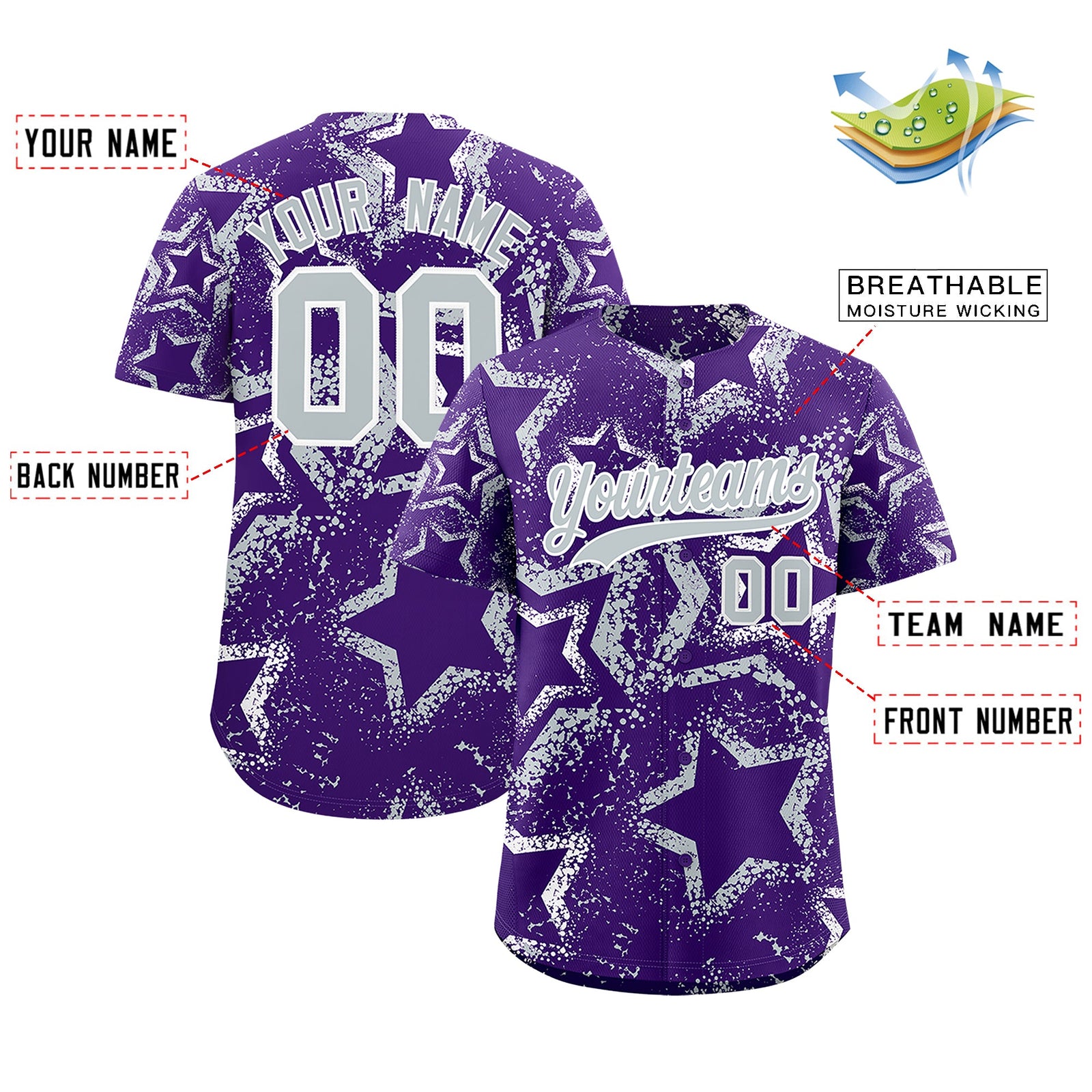 Custom Purple White Silver Star-Shaped Ink Texture Graffiti Pattern Baseball Jersey | Sublimation Printed & Stitched,Add Name and Numbern,Perfect for Parties,Perfect for Training | KXKSHOP
