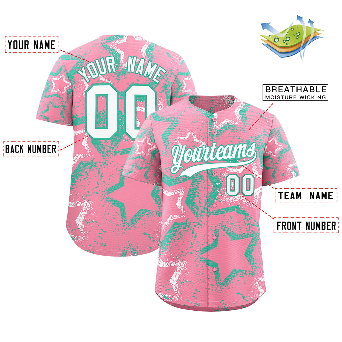 Custom Light Pink White Bright Green Star-Shaped Ink Texture Graffiti Pattern Baseball Jersey | Sublimation Printed &amp; Stitched,Add Name and Numbern,Perfect for Parties,Perfect for Training | KXKSHOP