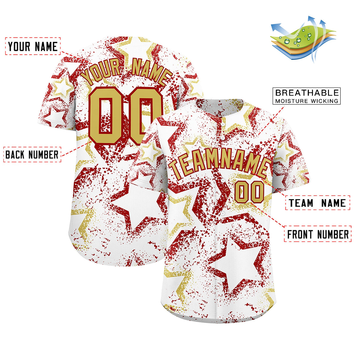 Custom White Old Gold Red Star-Shaped Ink Texture Graffiti Pattern Baseball Jersey | Sublimation Printed &amp; Stitched,Add Name and Numbern,Perfect for Parties,Perfect for Training | KXKSHOP