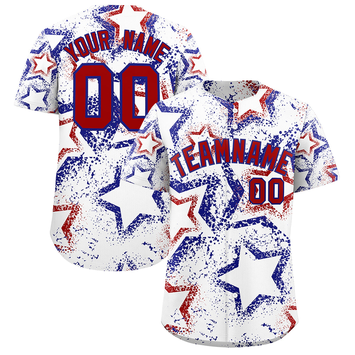 Custom White Royal Blue Red Star-Shaped Ink Texture Graffiti Pattern Baseball Jersey | Sublimation Printed &amp; Stitched,Add Name and Numbern,Perfect for Parties,Perfect for Training | KXKSHOP