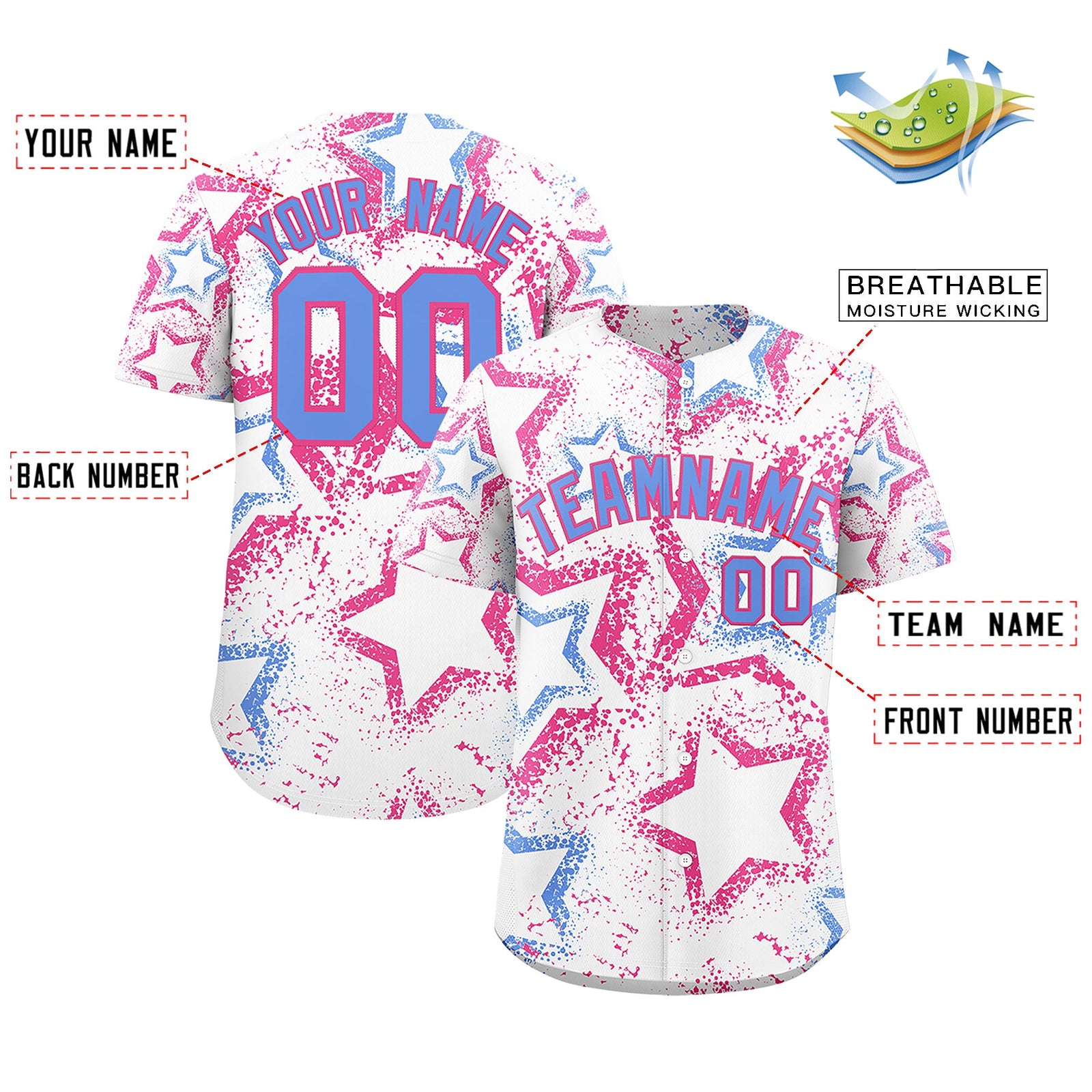 Custom White Pink Light Blue Star-Shaped Ink Texture Graffiti Pattern Baseball Jersey | Sublimation Printed & Stitched,Add Name and Numbern,Perfect for Parties,Perfect for Training | KXKSHOP