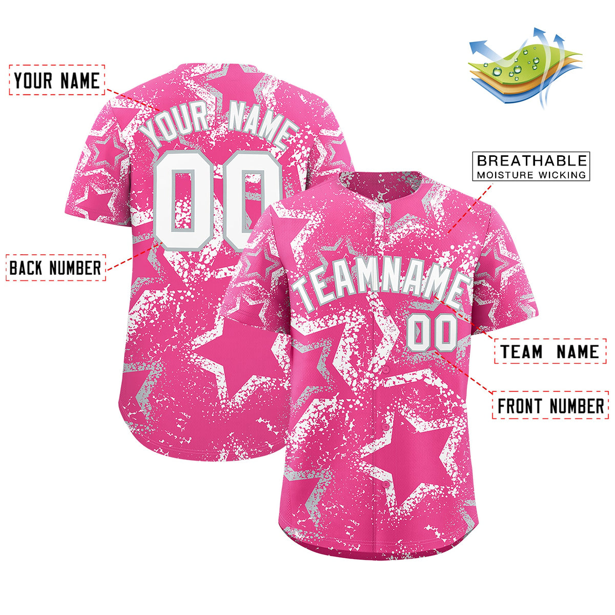 Custom Pink Silver White Star-Shaped Ink Texture Graffiti Pattern Baseball Jersey | Sublimation Printed & Stitched,Add Name and Numbern,Perfect for Parties,Perfect for Training | KXKSHOP
