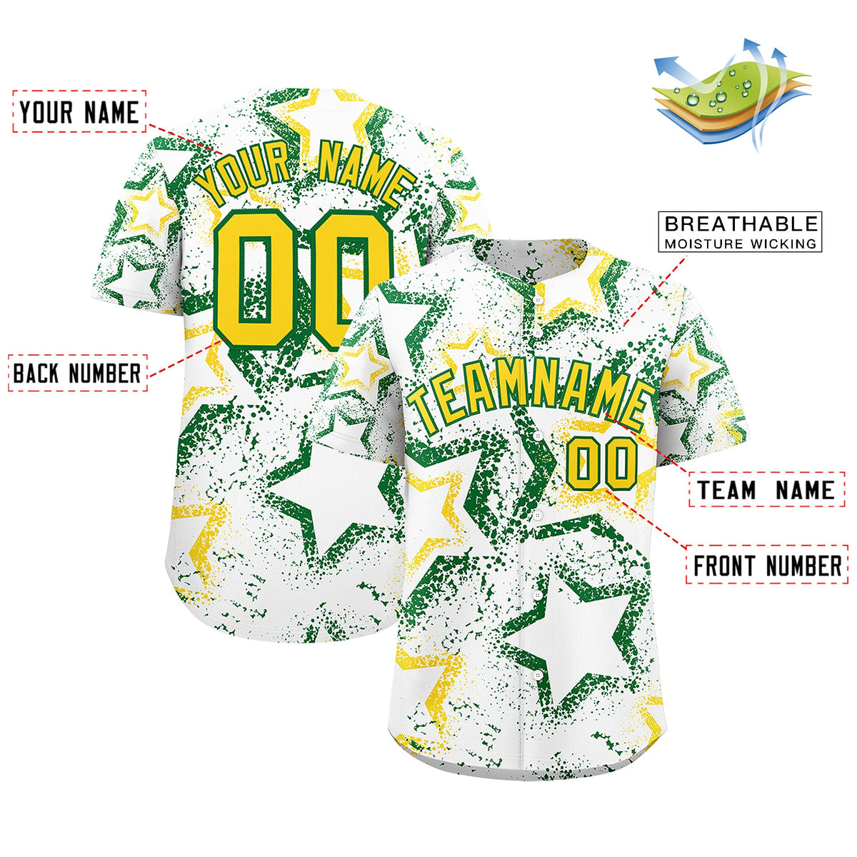 Custom White Kelly Green Gold Star-Shaped Ink Texture Graffiti Pattern Baseball Jersey | Sublimation Printed &amp; Stitched,Add Name and Numbern,Perfect for Parties,Perfect for Training | KXKSHOP