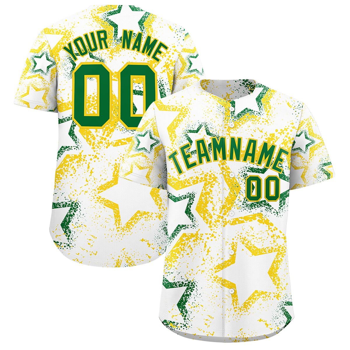 Custom White Gold Kelly Green Star-Shaped Ink Texture Graffiti Pattern Baseball Jersey | Sublimation Printed &amp; Stitched,Add Name and Numbern,Perfect for Parties,Perfect for Training | KXKSHOP