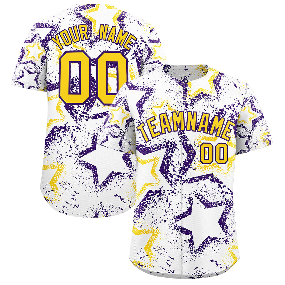 Custom White Gold Purple Star-Shaped Ink Texture Graffiti Pattern Baseball Jersey | Sublimation Printed & Stitched,Add Name and Numbern,Perfect for Parties,Perfect for Training | KXKSHOP