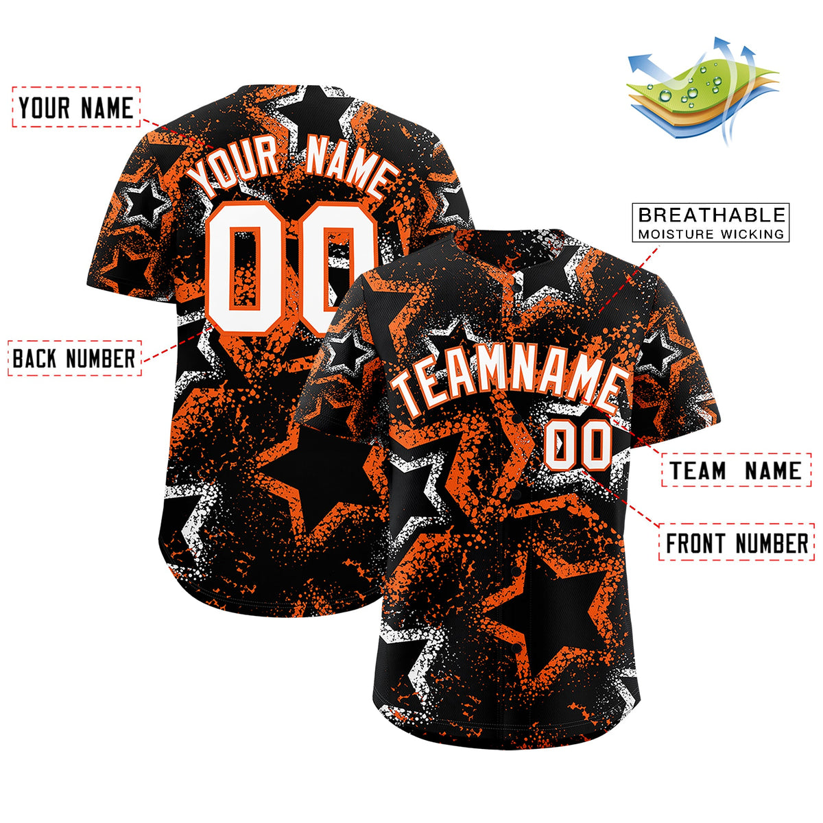 Custom Black White Orange Star-Shaped Ink Texture Graffiti Pattern Baseball Jersey | Sublimation Printed & Stitched,Add Name and Numbern,Perfect for Parties,Perfect for Training | KXKSHOP