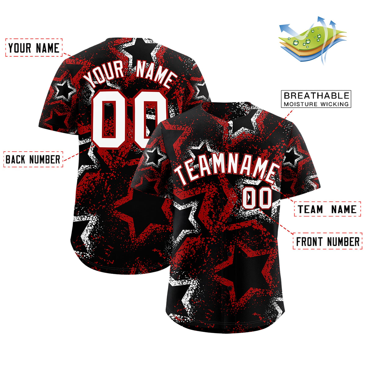 Custom Black White Red Star-Shaped Ink Texture Graffiti Pattern Baseball Jersey | Sublimation Printed &amp; Stitched,Add Name and Numbern,Perfect for Parties,Perfect for Training | KXKSHOP